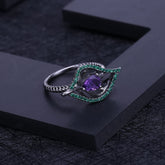 Hollow Leaf Pear Shape Natural Amethyst Silver Ring